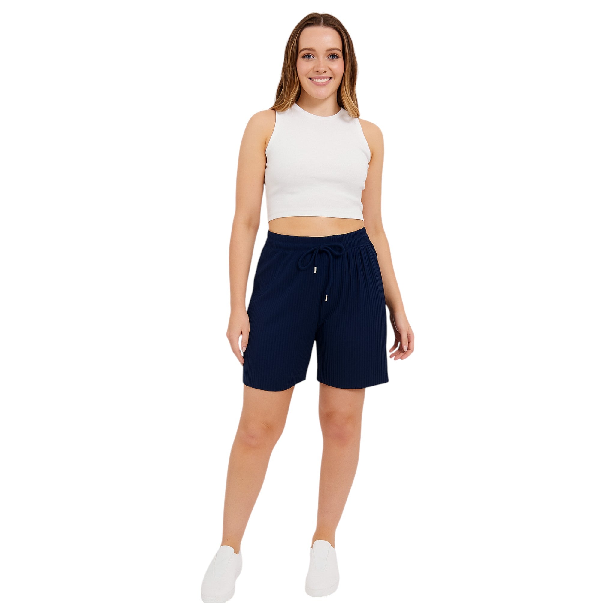 Women's pleated lounge shorts in navy with drawstring waist – soft casual summer shorts